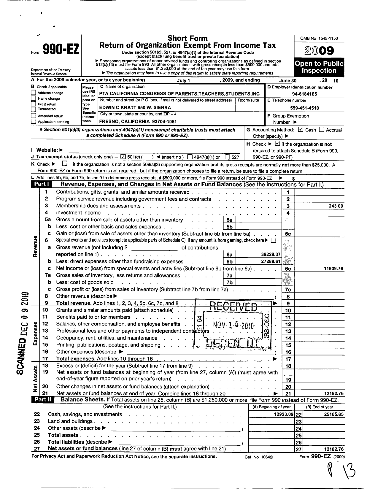 Image of first page of 2009 Form 990EO for California State PTA - Kratt Elementary PTA