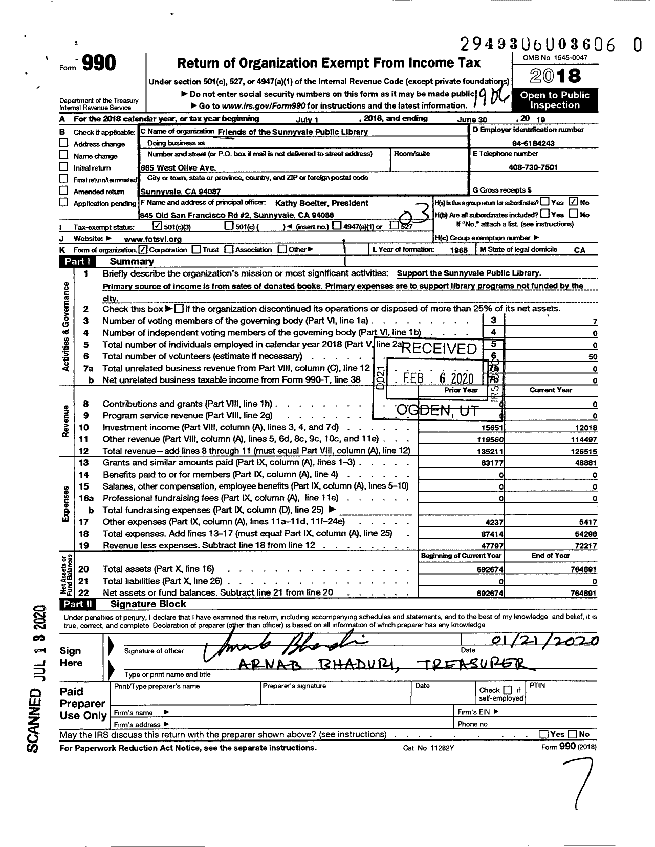 Image of first page of 2018 Form 990 for Friends of the Sunnyvale Public Library