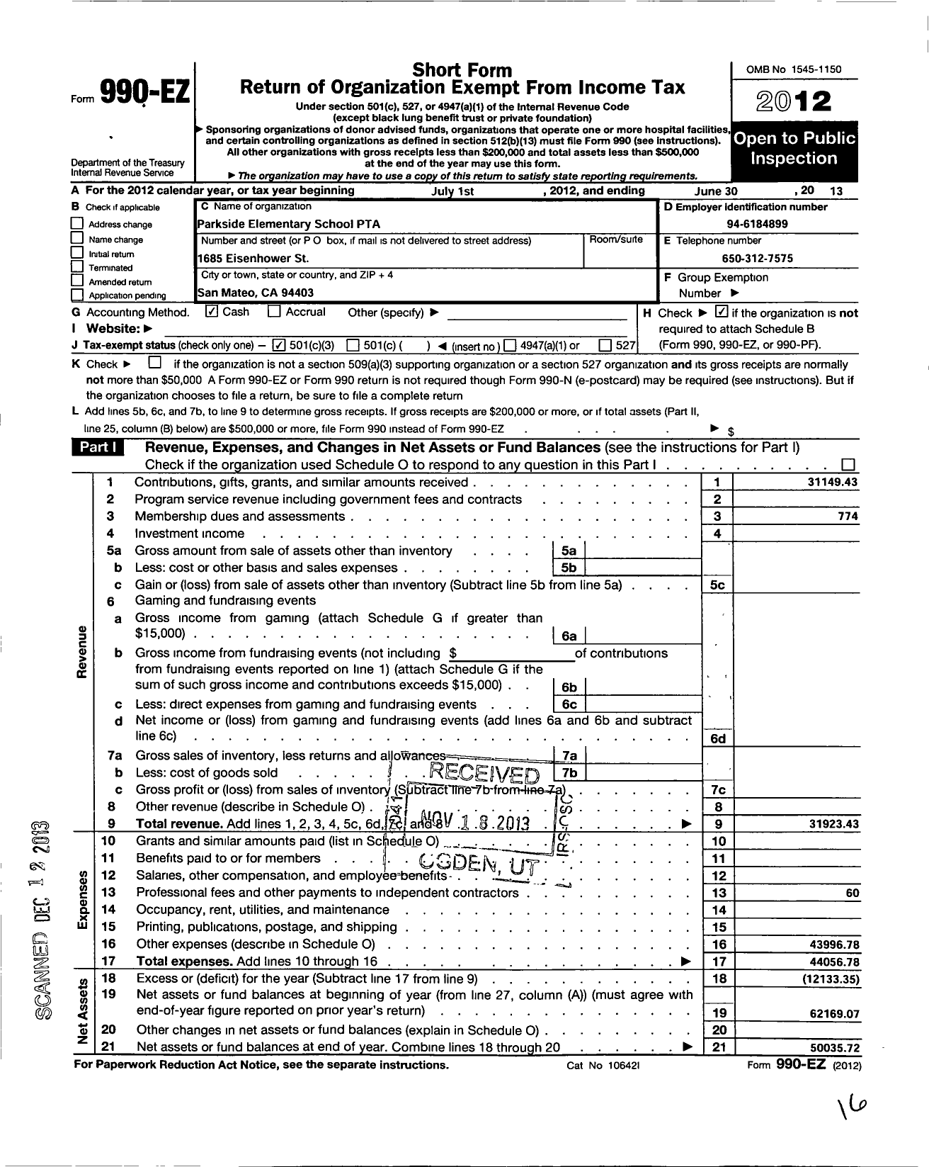 Image of first page of 2012 Form 990EZ for California State PTA - Parkside Montessori PTA