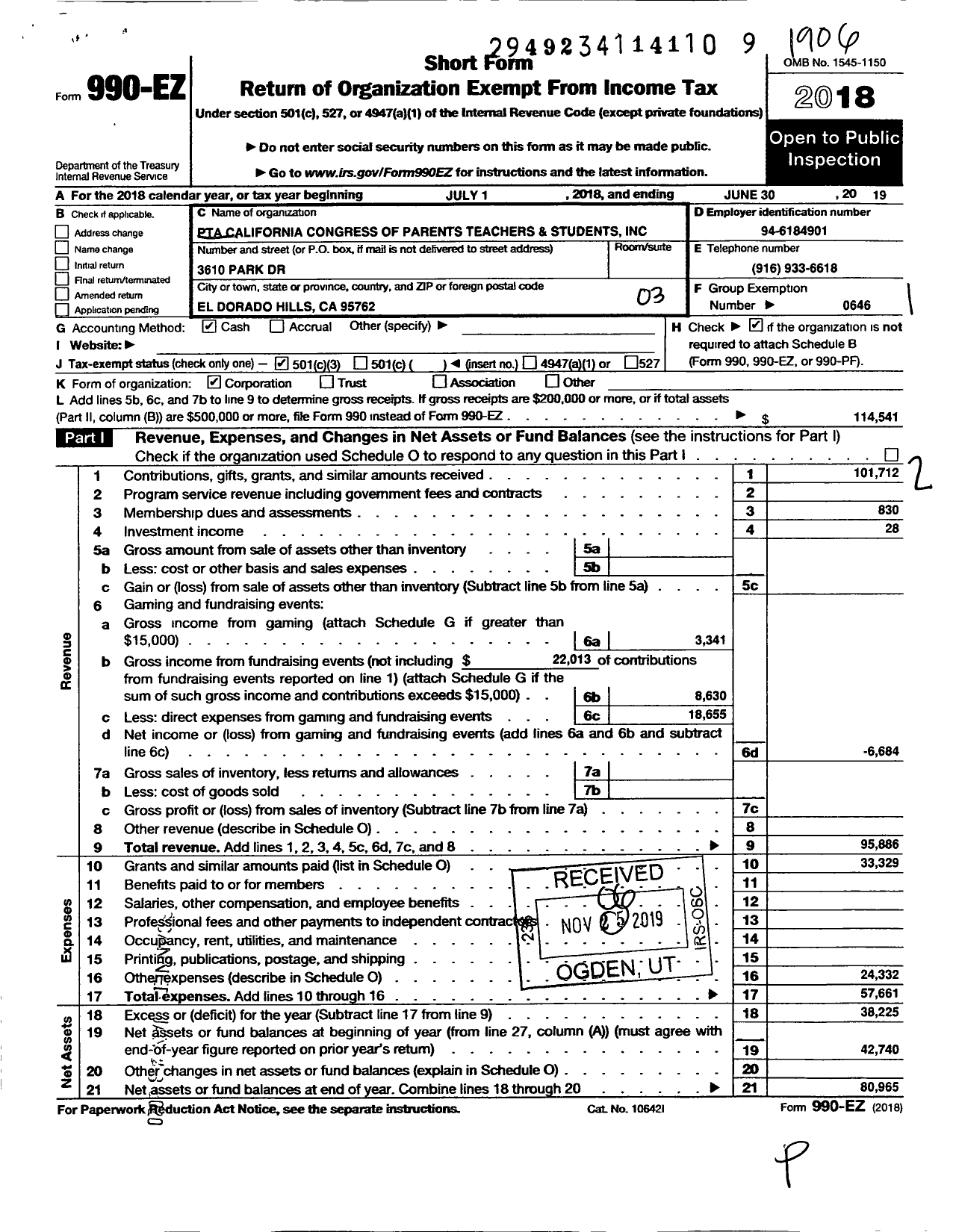 Image of first page of 2018 Form 990EZ for California State PTA - William Brooks Elementary PTA