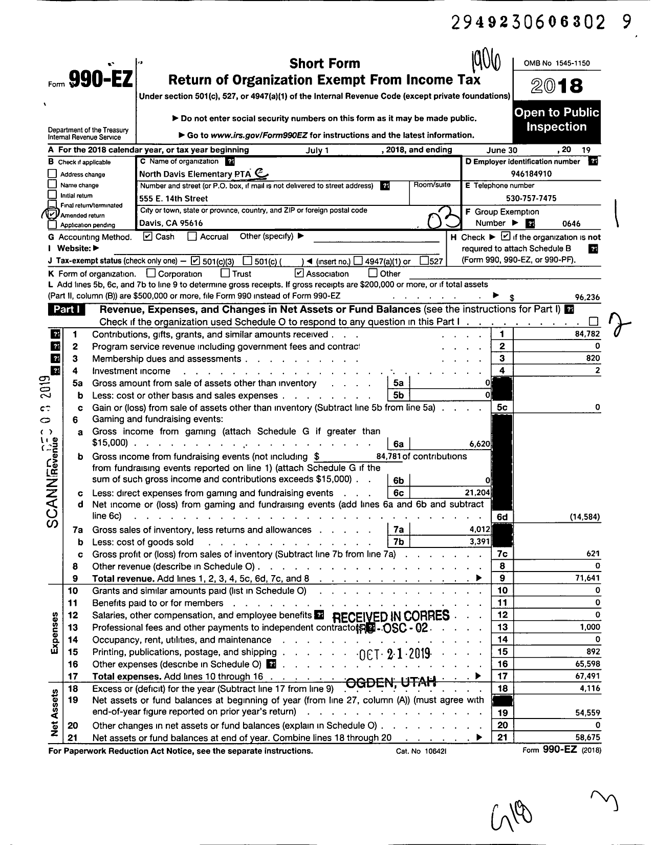 Image of first page of 2018 Form 990EZ for California State PTA - North Davis Elementary PTA