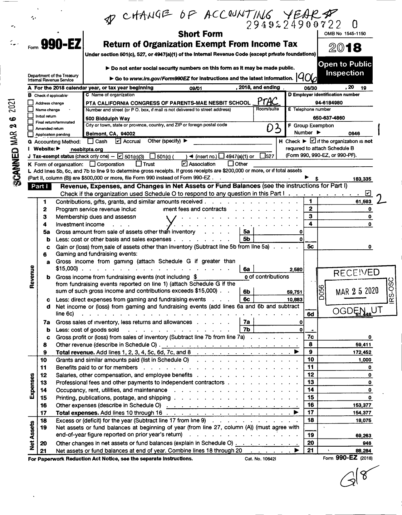 Image of first page of 2018 Form 990EZ for California State PTA - Nesbit School PTA