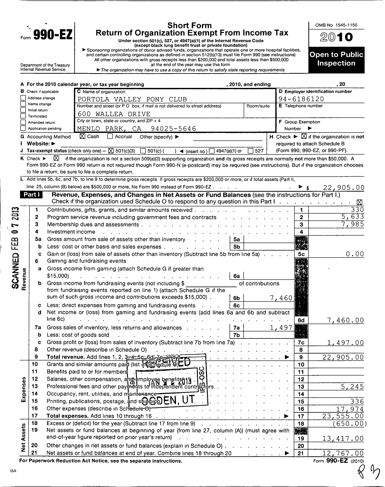 Image of first page of 2010 Form 990EZ for The United States Pony Clubs / Portola Valley Pony Club