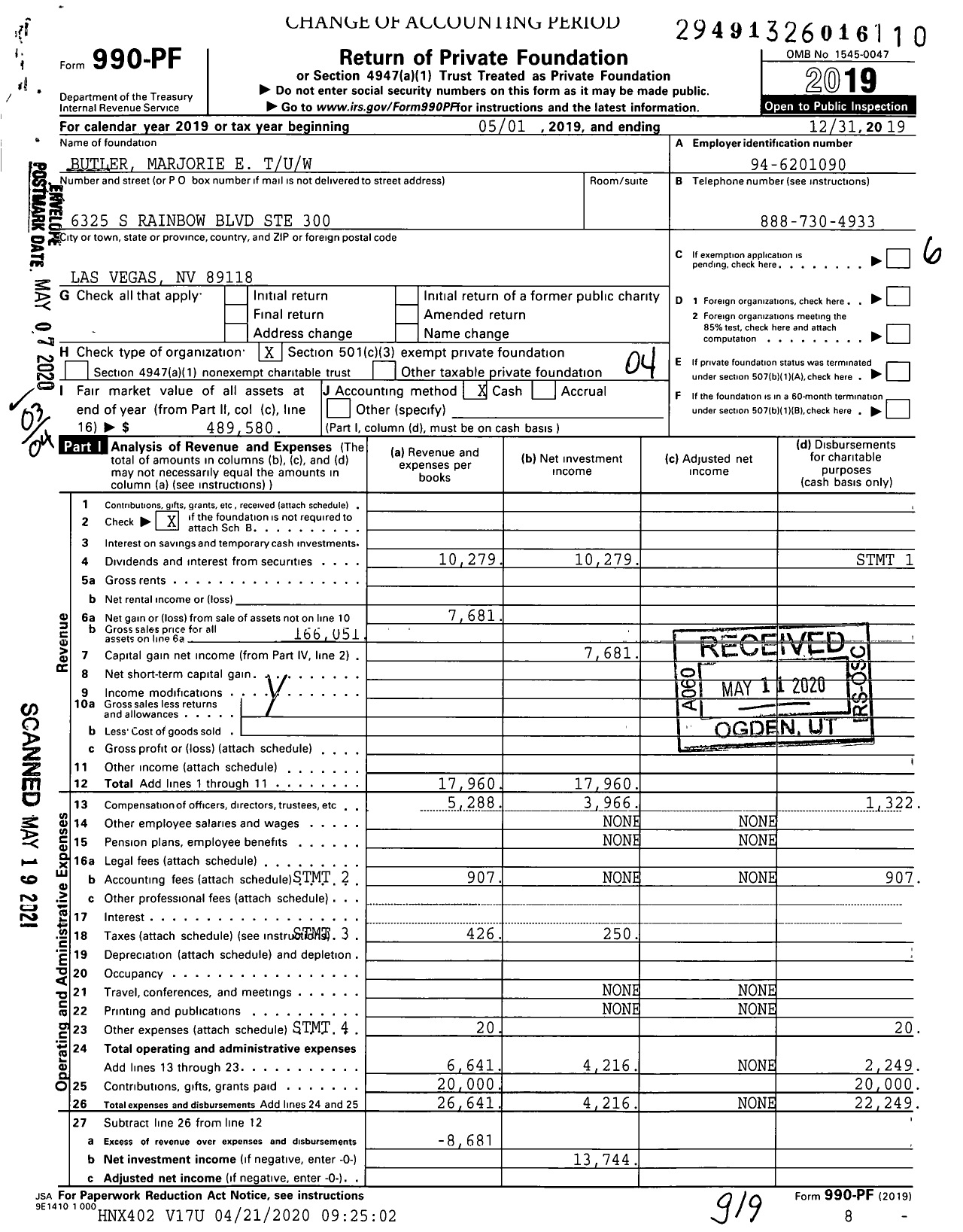 Image of first page of 2019 Form 990PF for Butler Marjorie E Tuw