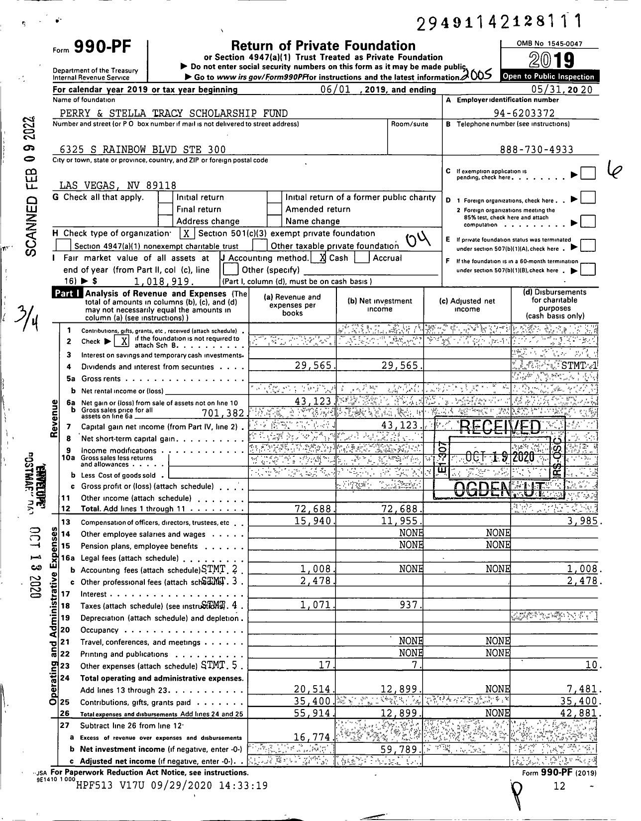 Image of first page of 2019 Form 990PF for Perry and Stella Tracy Scholarship Fund