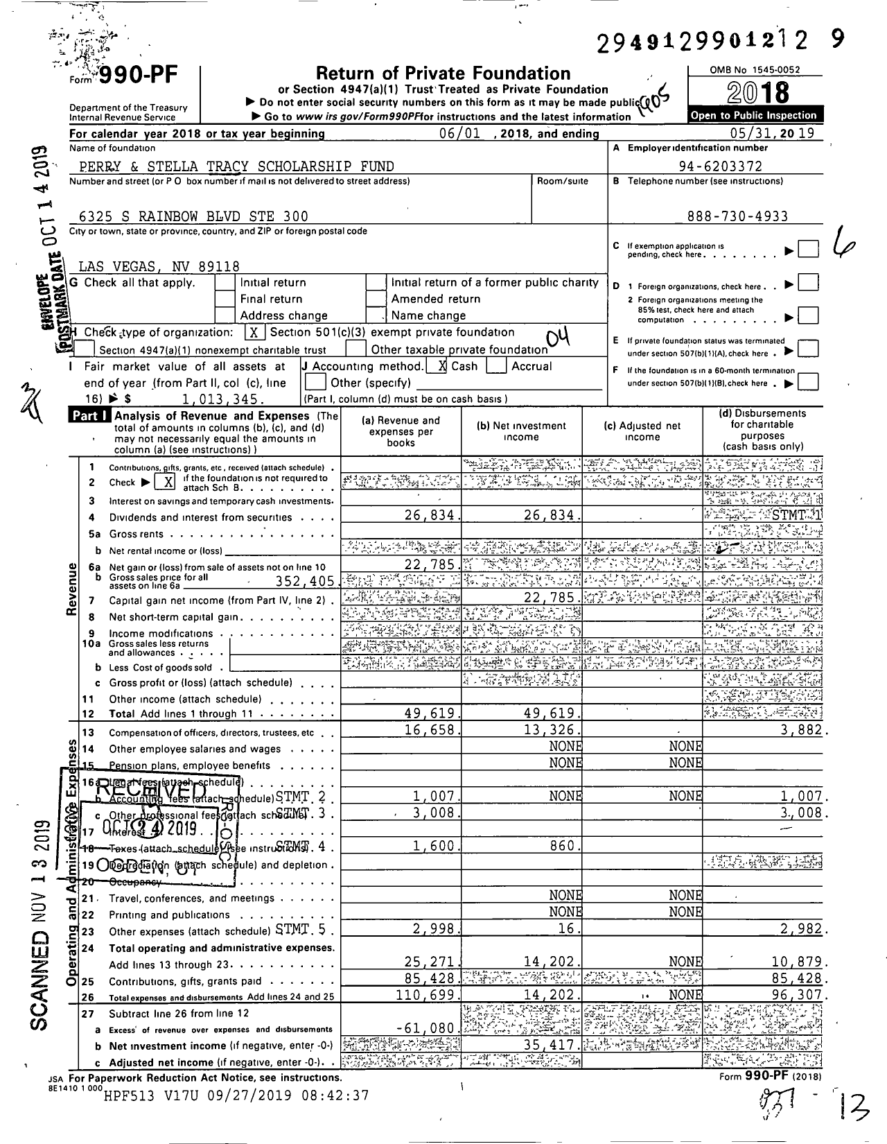 Image of first page of 2018 Form 990PF for Perry and Stella Tracy Scholarship Fund