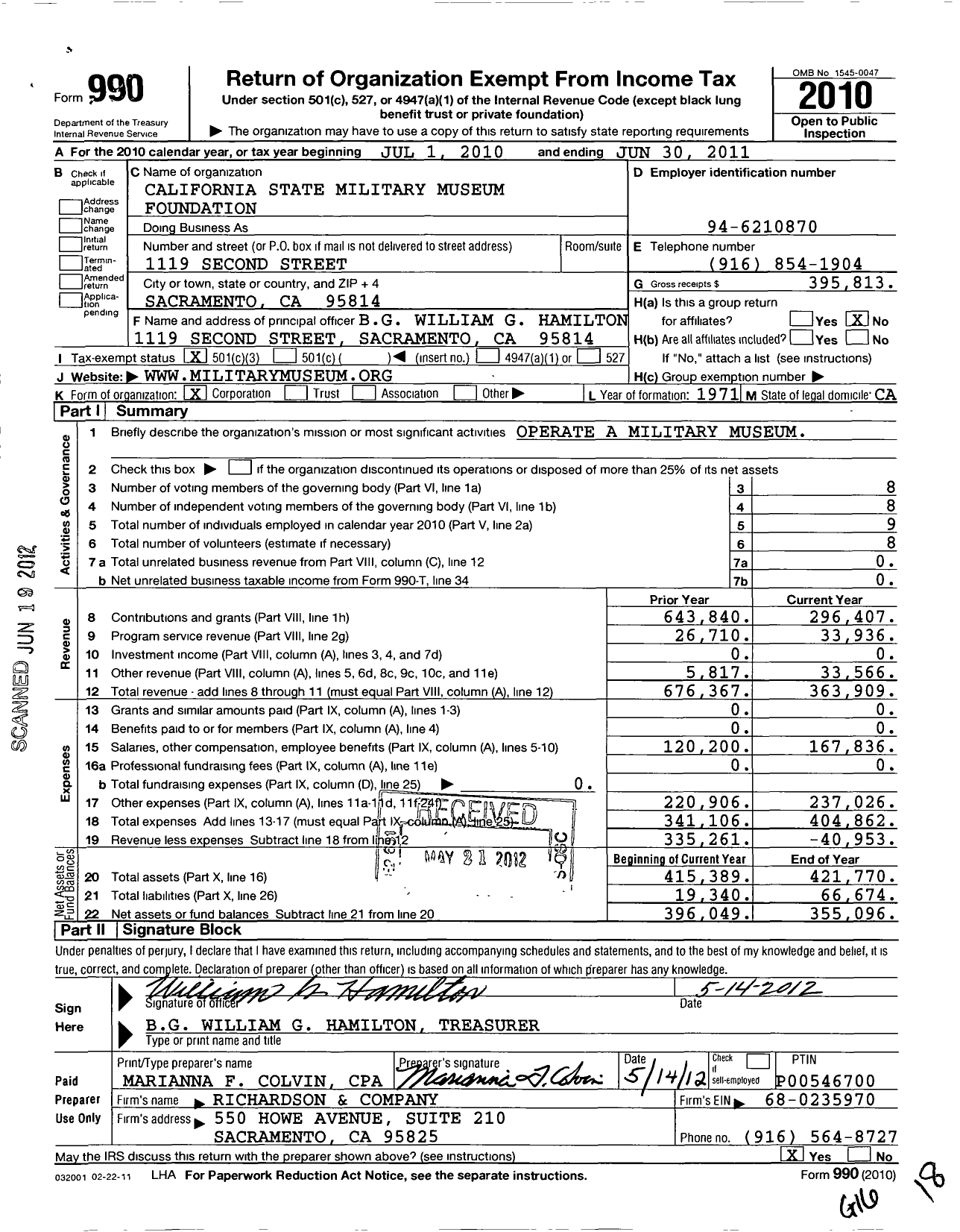 Image of first page of 2010 Form 990 for California Military Museum Foundation