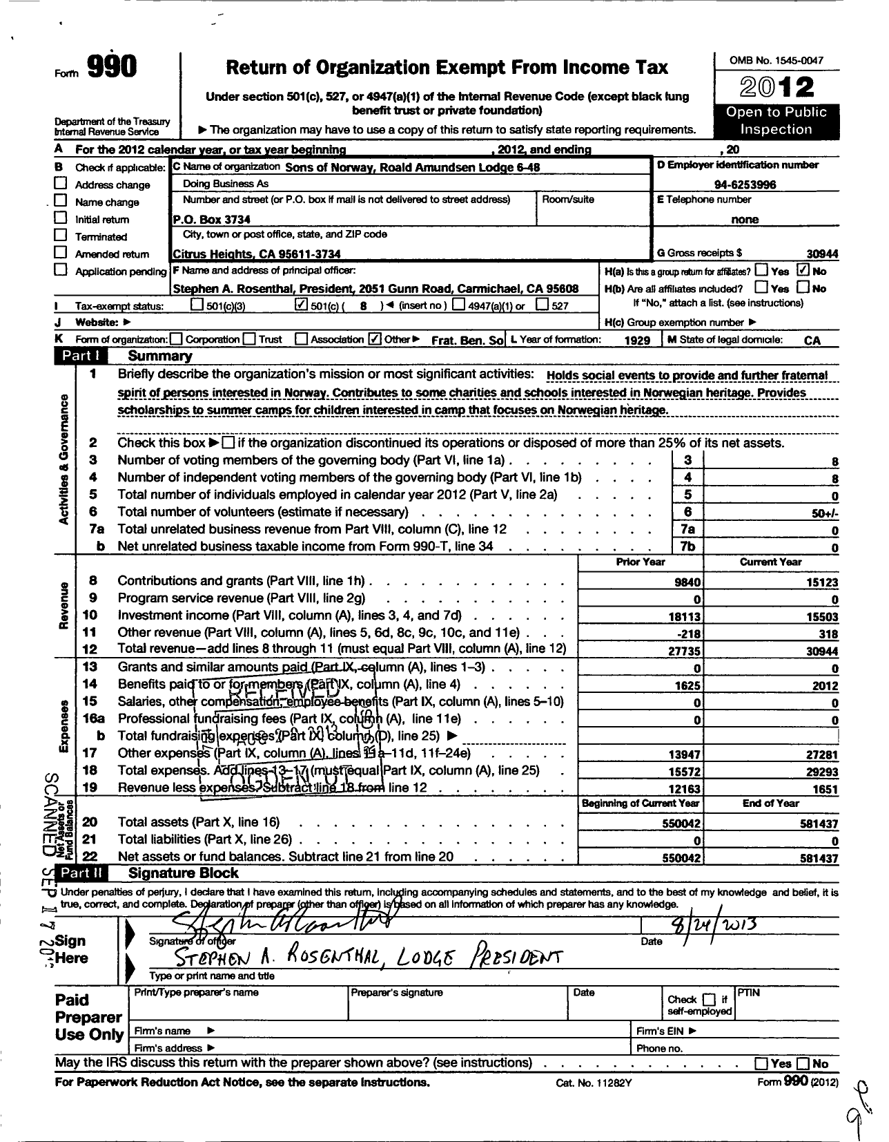 Image of first page of 2012 Form 990O for Sons of Norway - 6-048 Roald Amundson