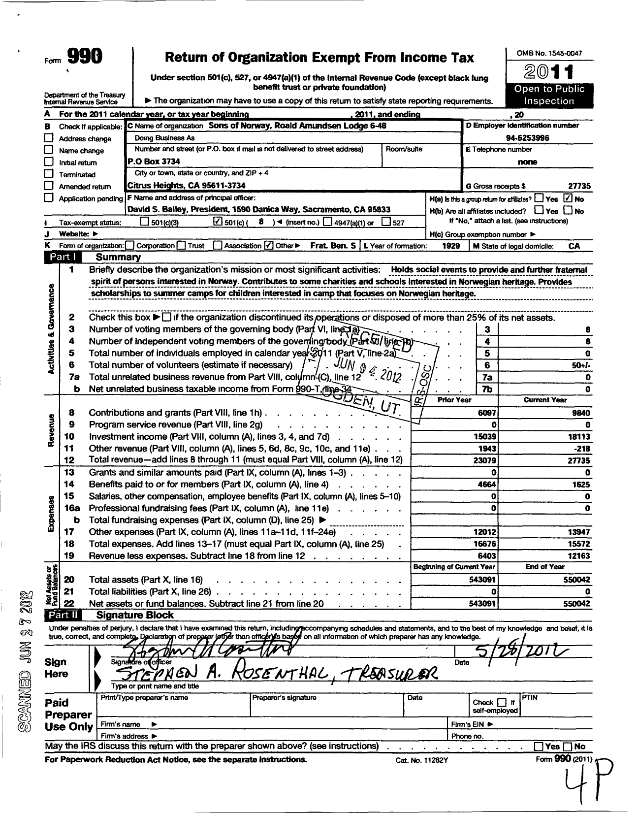 Image of first page of 2011 Form 990O for Sons of Norway - 6-048 Roald Amundson