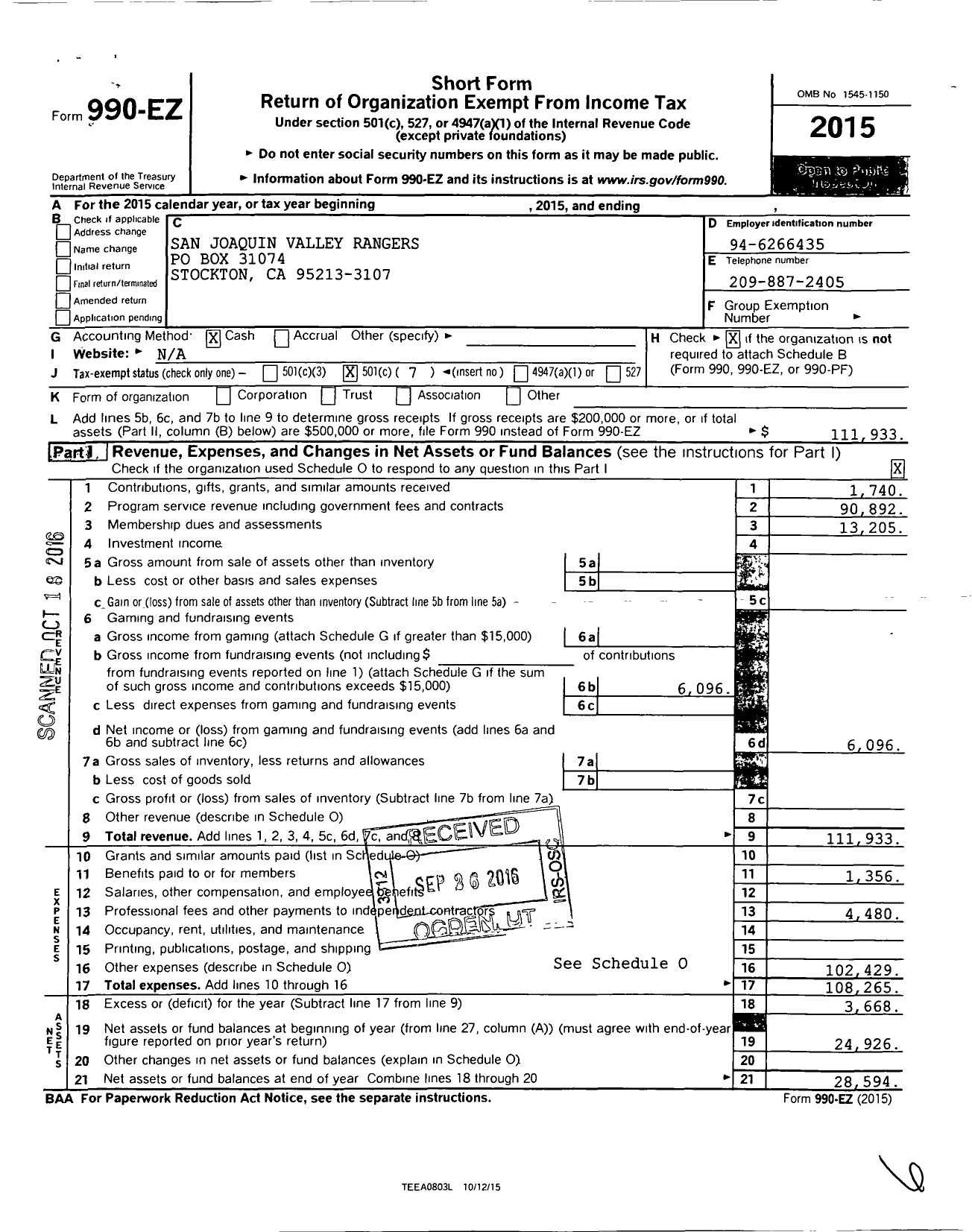 Image of first page of 2015 Form 990EO for San Joaquin Valley Rangers