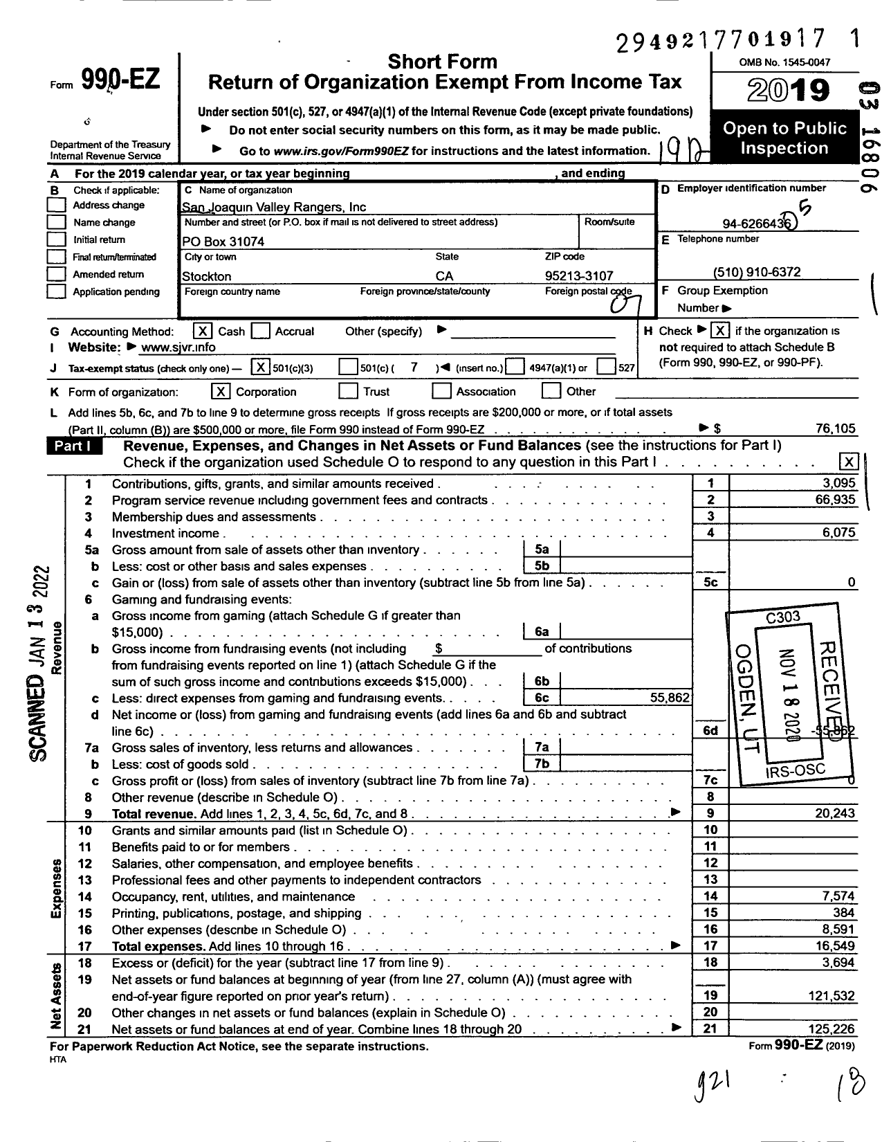 Image of first page of 2019 Form 990EO for San Joaquin Valley Rangers