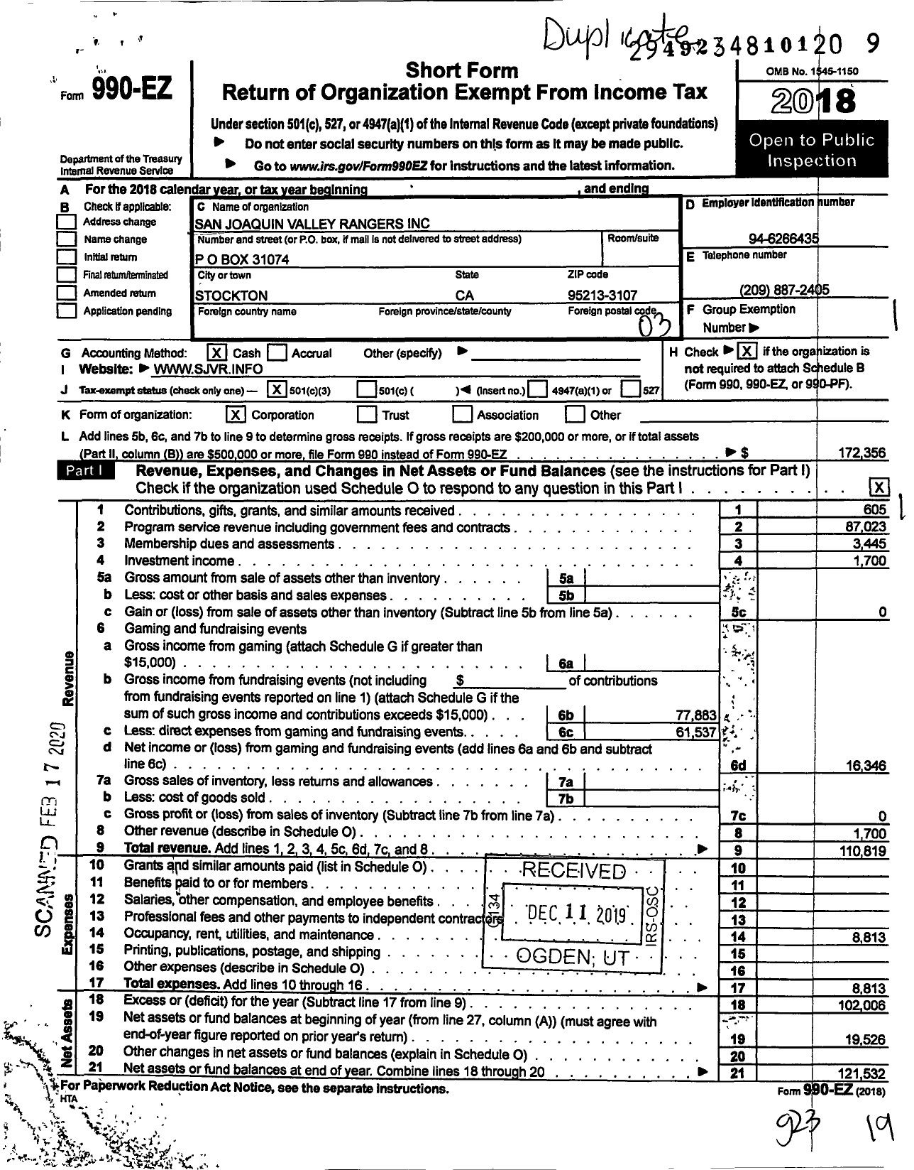 Image of first page of 2018 Form 990EZ for San Joaquin Valley Rangers