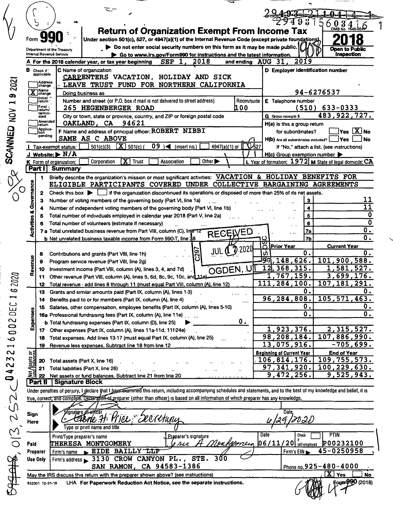 Image of first page of 2018 Form 990O for Carpenters Vacationholiday Holiday and Sick Leave Trust Fund for Northern California