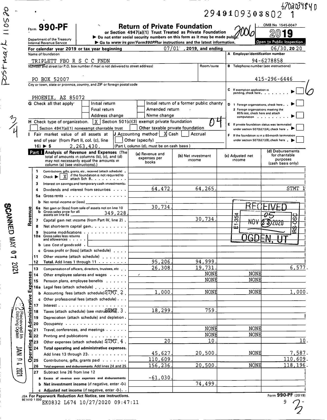 Image of first page of 2019 Form 990PF for Triplett Fbo R S C C FNDN