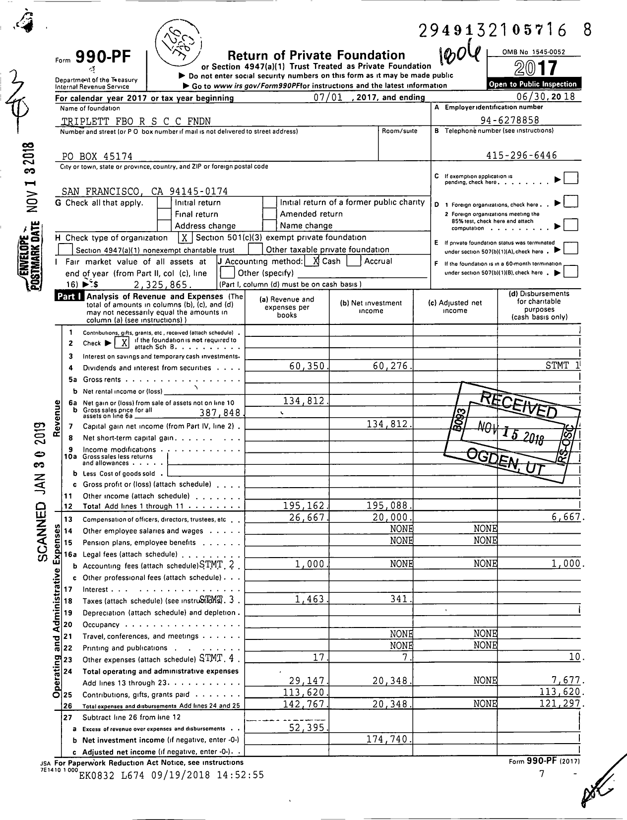 Image of first page of 2017 Form 990PF for Triplett Fbo R S C C FNDN