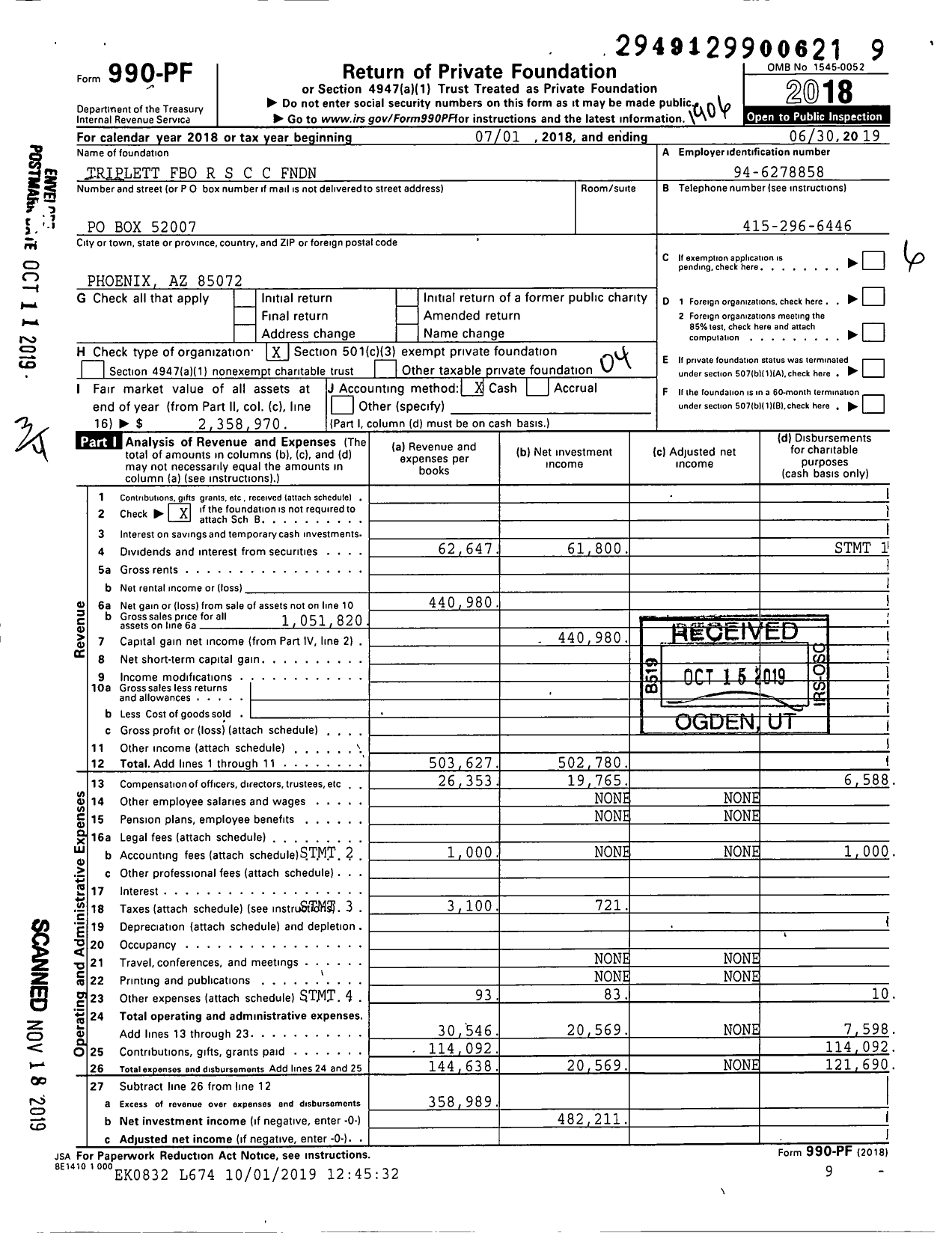 Image of first page of 2018 Form 990PF for Triplett Fbo R S C C FNDN