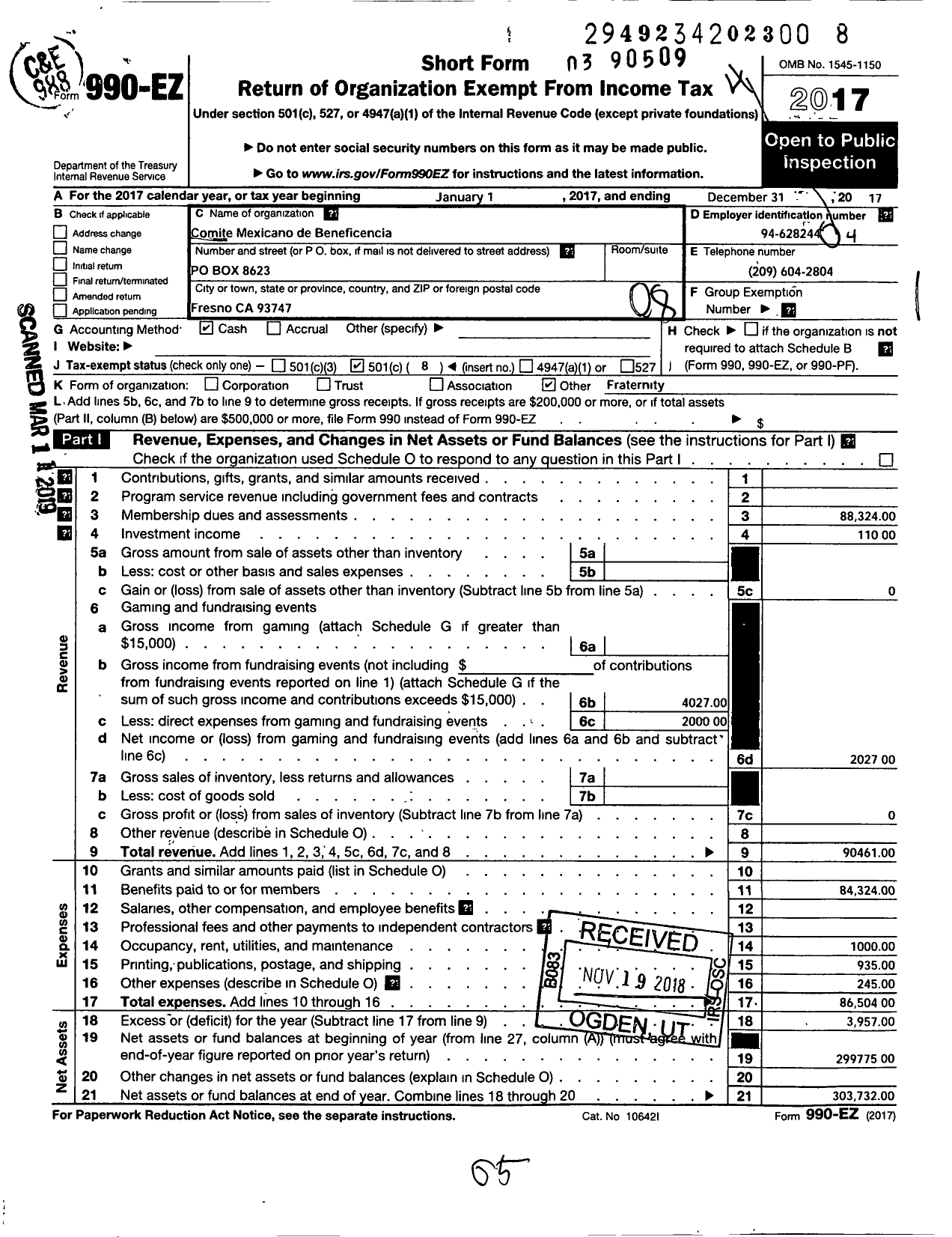 Image of first page of 2017 Form 990EO for Comite Mexicano de Beneficencia