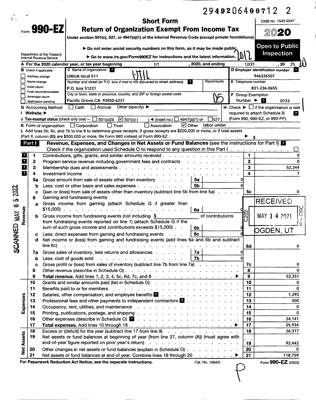 Image of first page of 2020 Form 990EO for Utility Workers Union of America - 511 UWUA