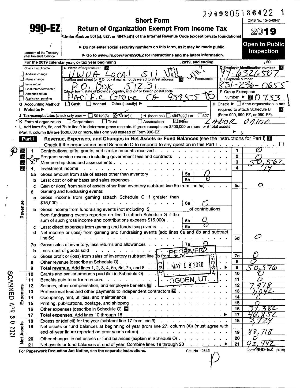 Image of first page of 2019 Form 990EO for Utility Workers Union of America - 511 UWUA