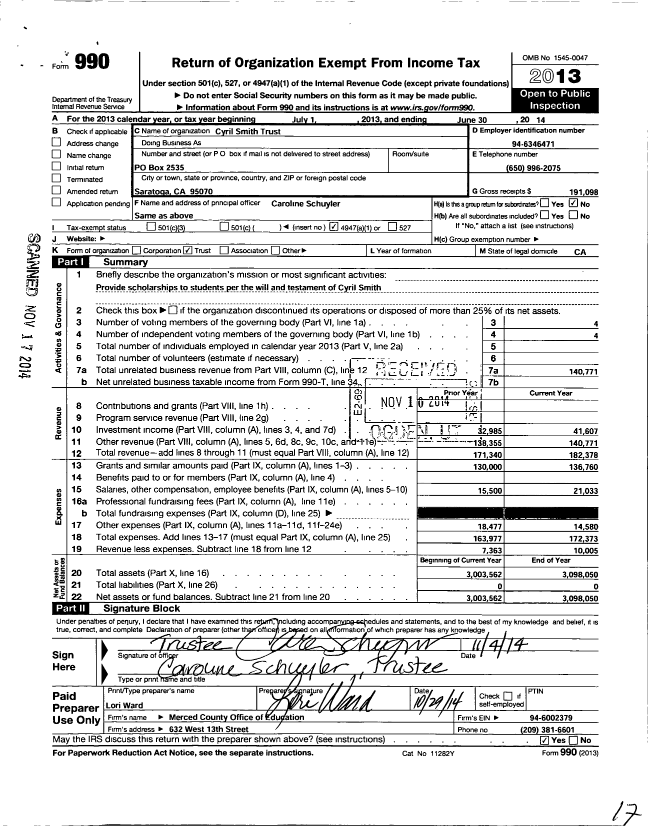 Image of first page of 2013 Form 990O for Cyril Smith Trust