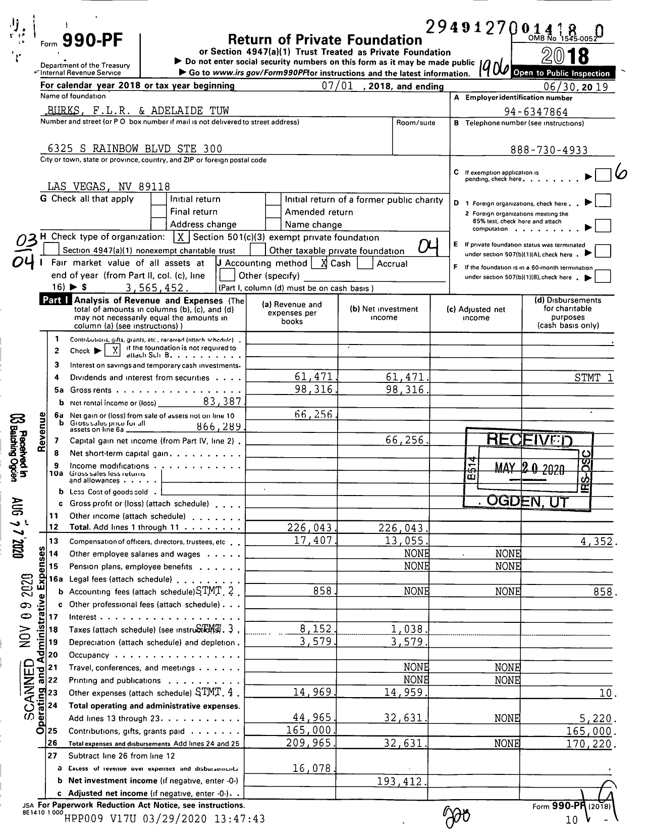 Image of first page of 2018 Form 990PF for Burks FLR and Adelaide Tuw