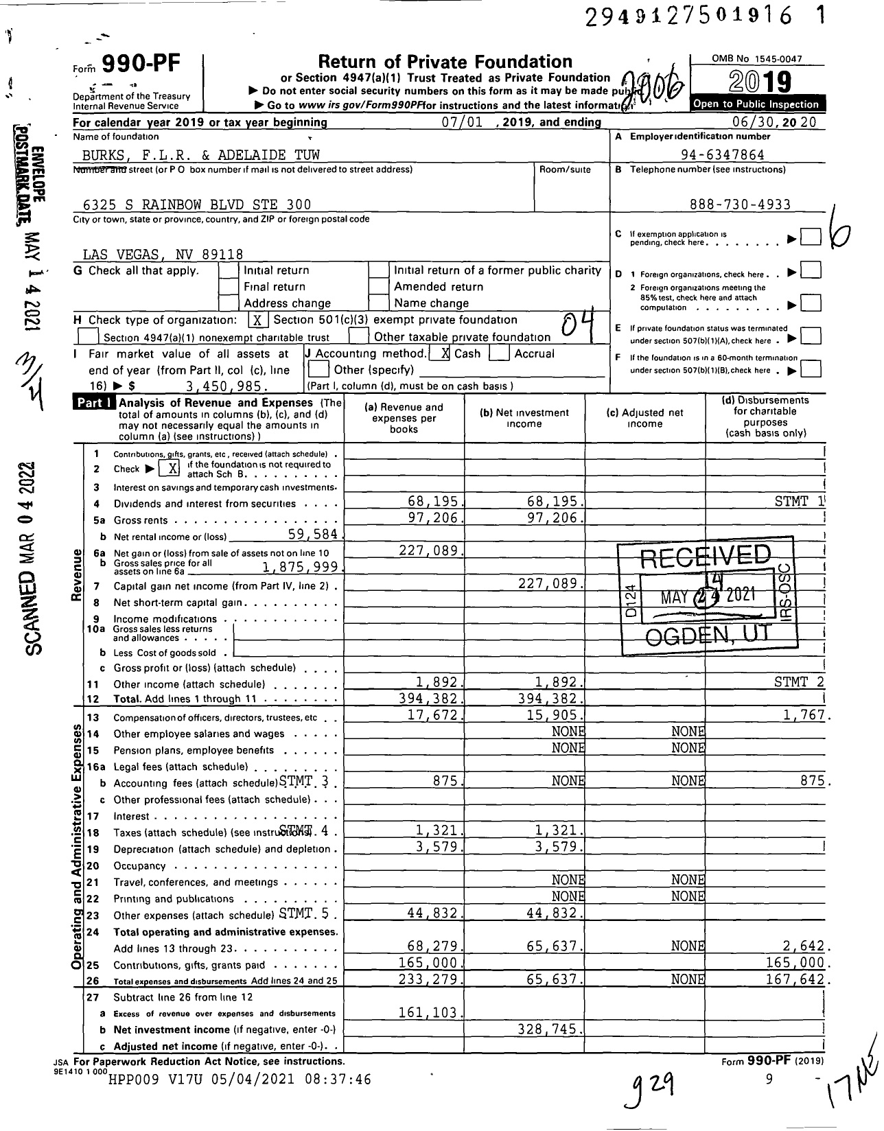 Image of first page of 2019 Form 990PF for Burks FLR and Adelaide Tuw