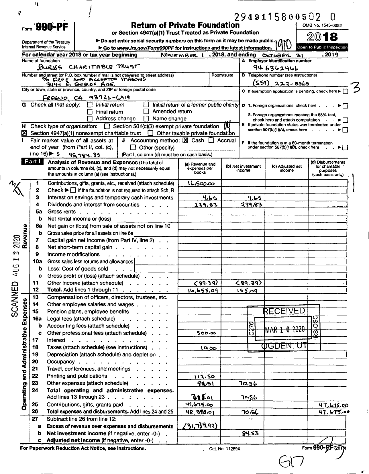 Image of first page of 2018 Form 990PR for Burks Charitable Trust
