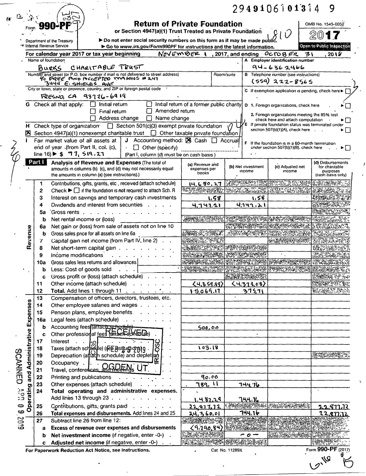 Image of first page of 2017 Form 990PF for Burks Charitable Trust