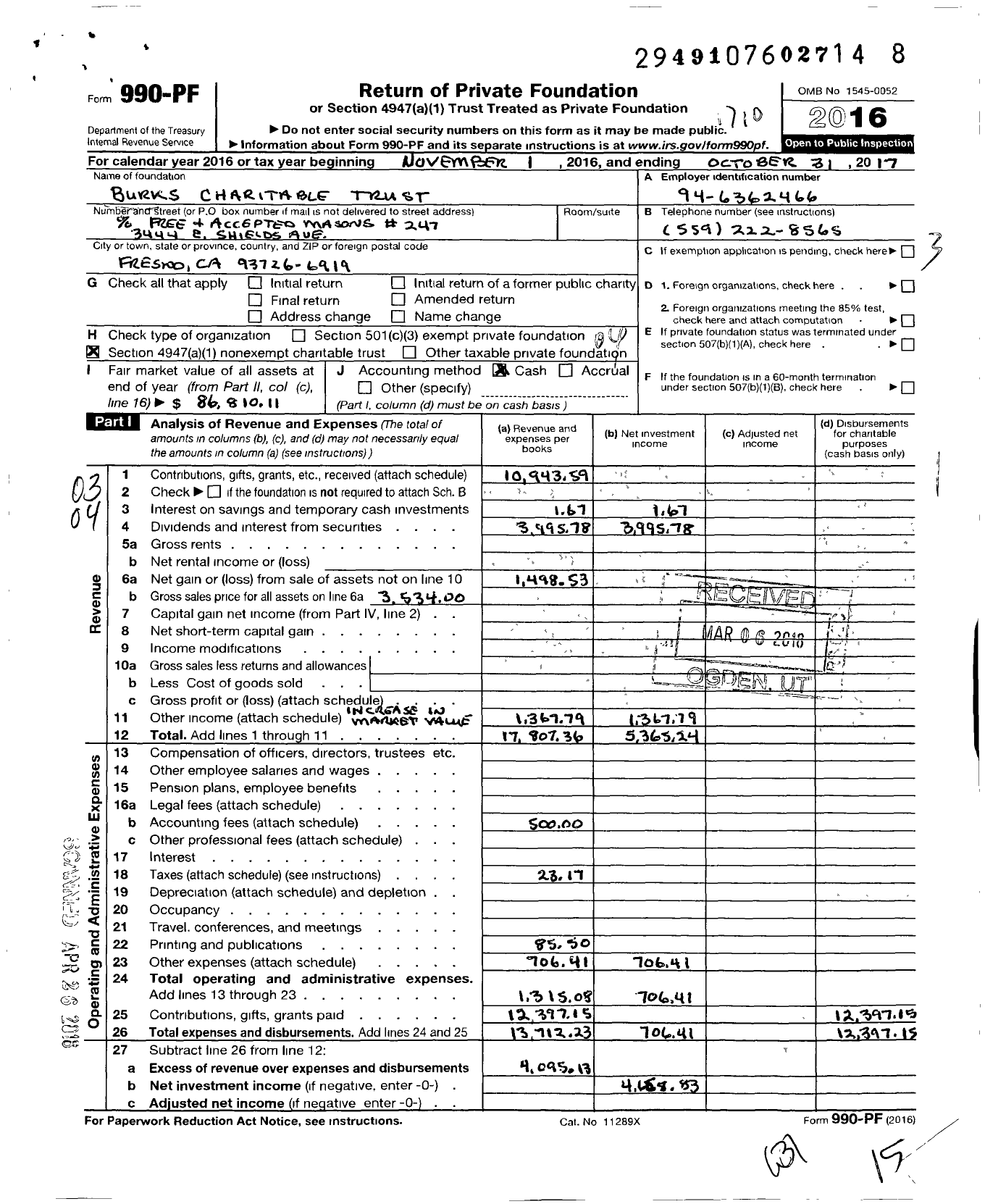 Image of first page of 2016 Form 990PF for Burks Charitable Trust