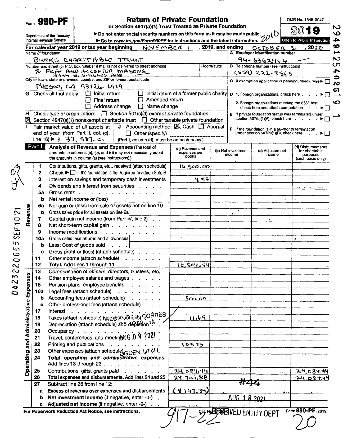 Image of first page of 2019 Form 990PF for Burks Charitable Trust
