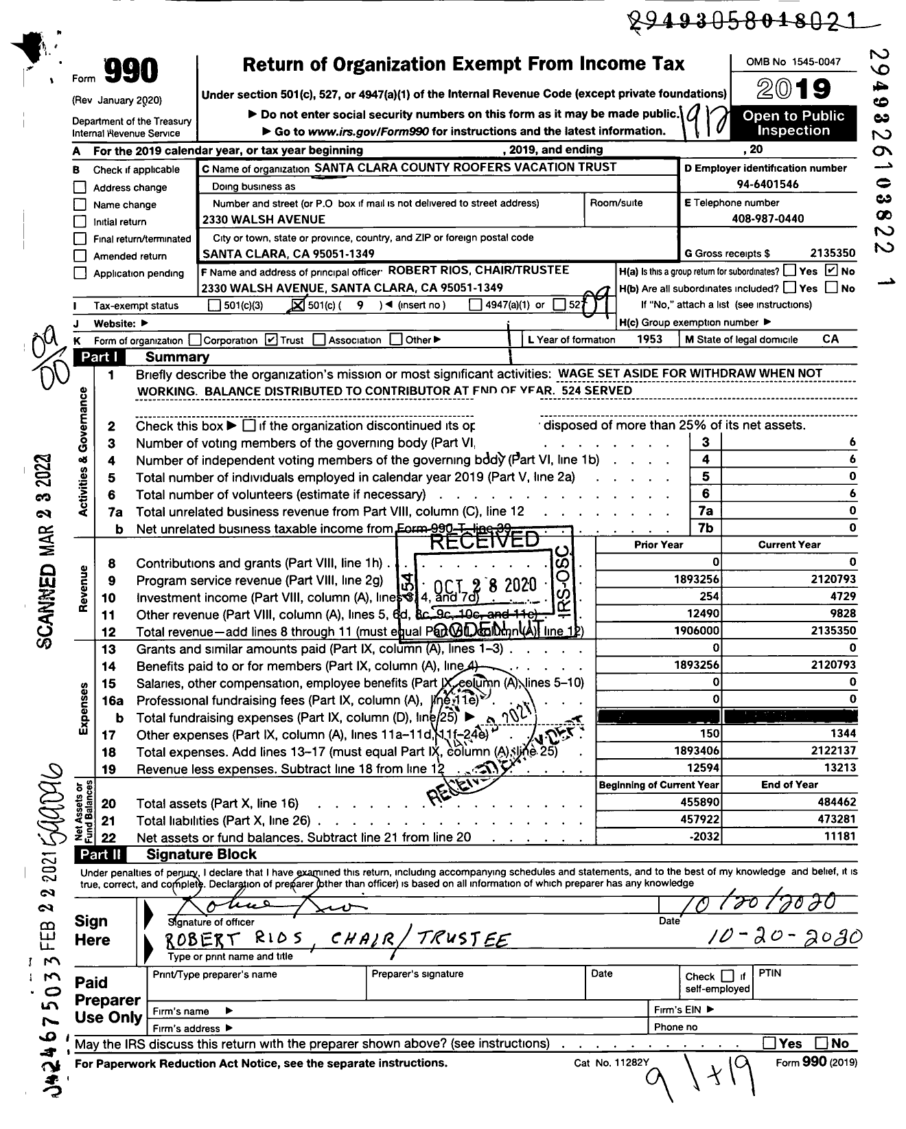 Image of first page of 2019 Form 990O for Santa Clara County Roofers Vacation Trust Fund