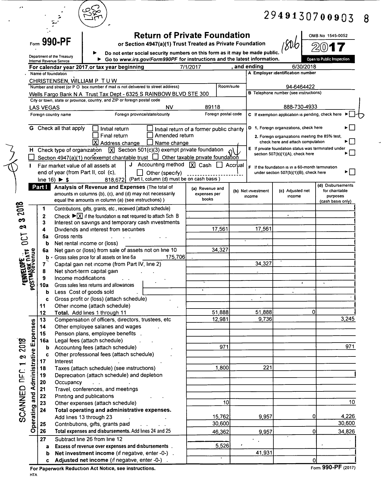 Image of first page of 2017 Form 990PF for Christensen William P Tuw