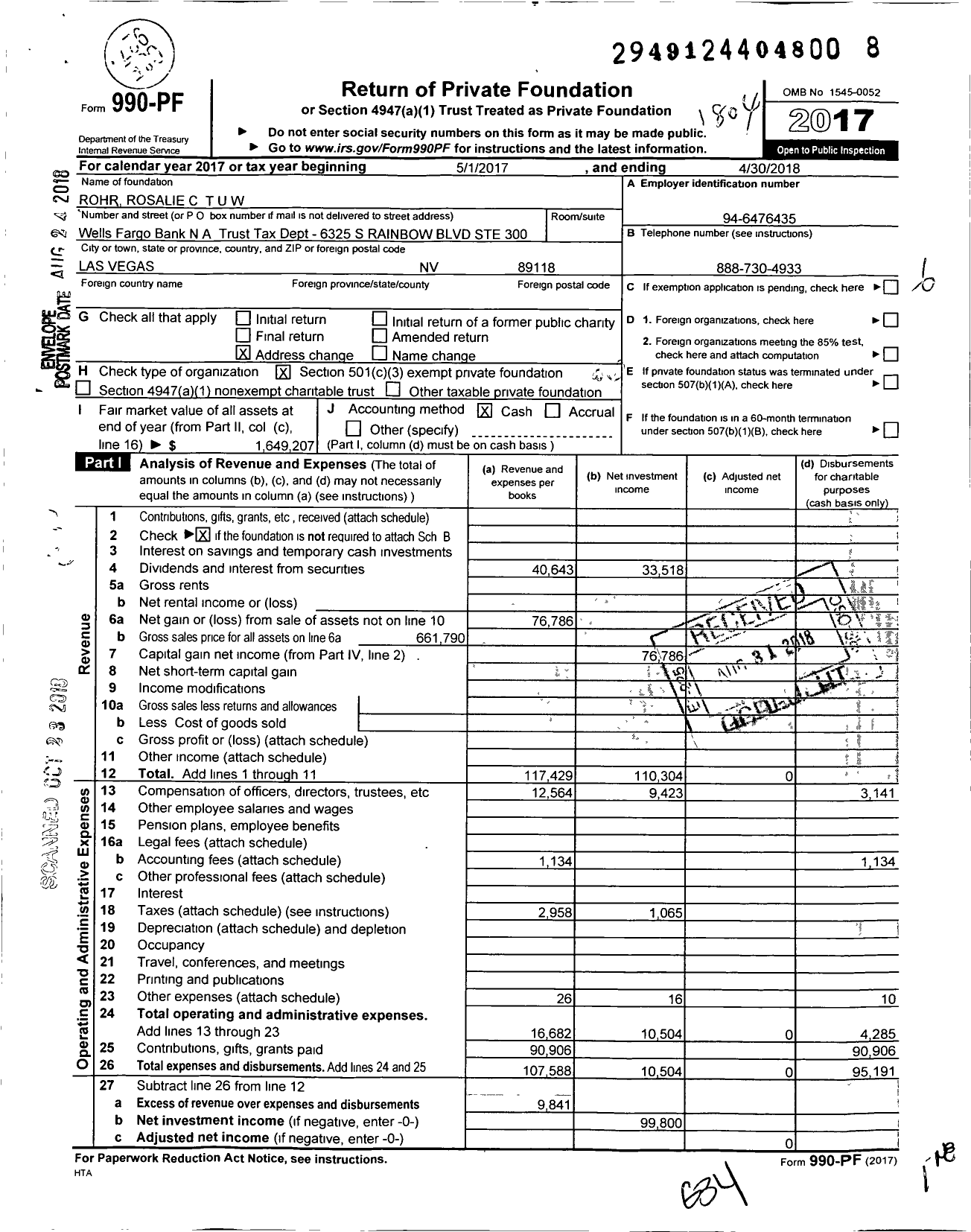 Image of first page of 2017 Form 990PF for Rohr Rosalie C Tuw