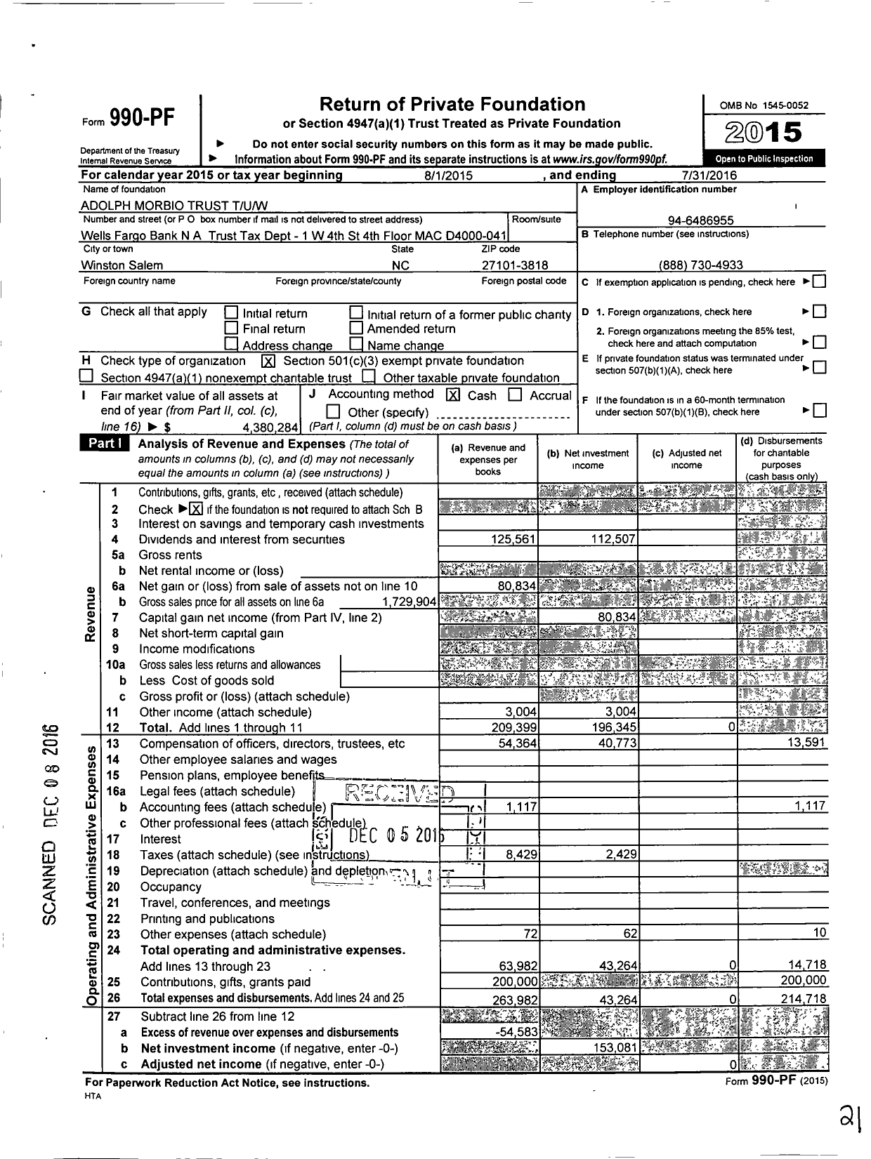 Image of first page of 2015 Form 990PF for Morbio Adolph Char Tuw