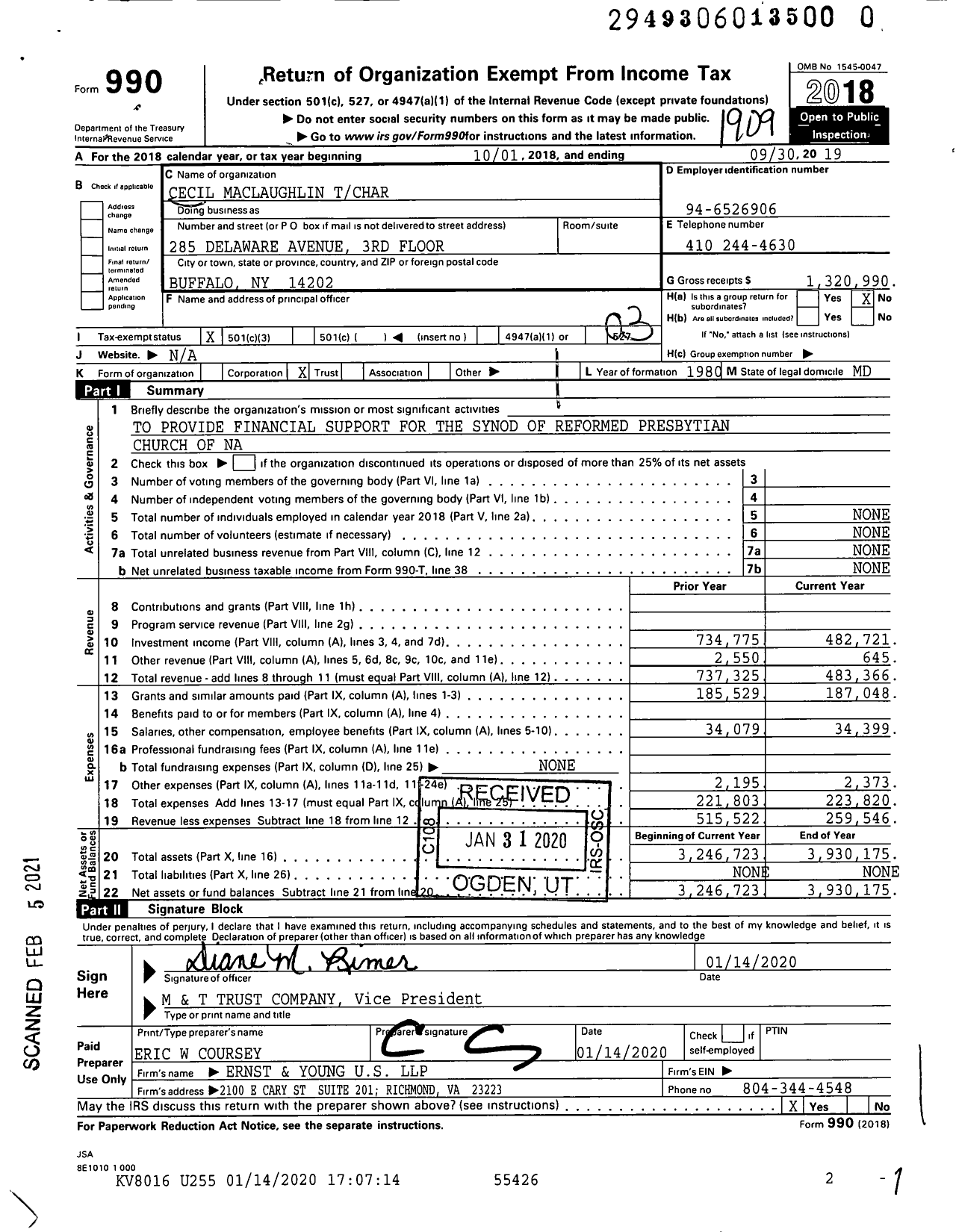 Image of first page of 2018 Form 990 for Cecil Maclaughlin Tchar