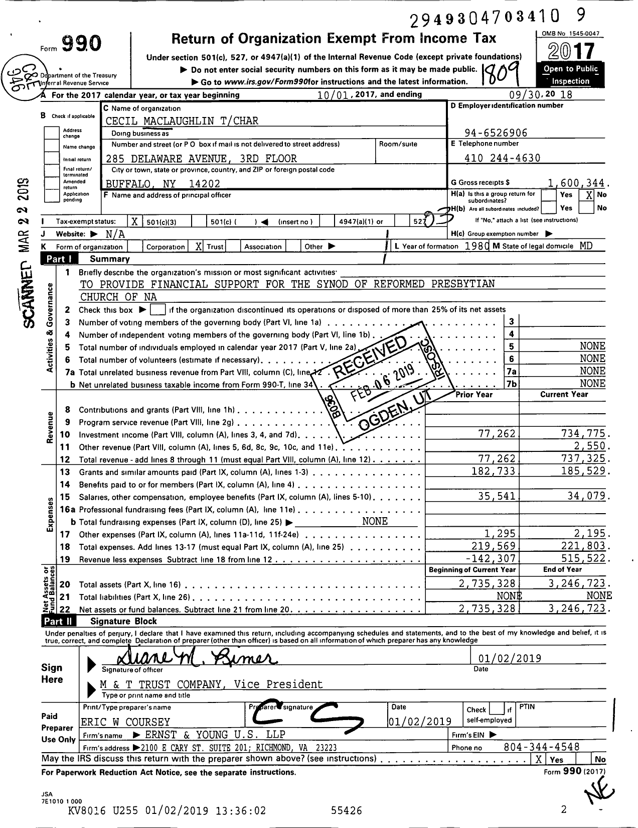 Image of first page of 2017 Form 990 for Cecil Maclaughlin Tchar