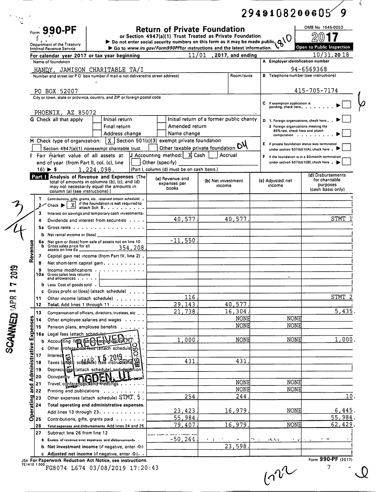 Image of first page of 2017 Form 990PF for Handy Jamison Charitable Tai