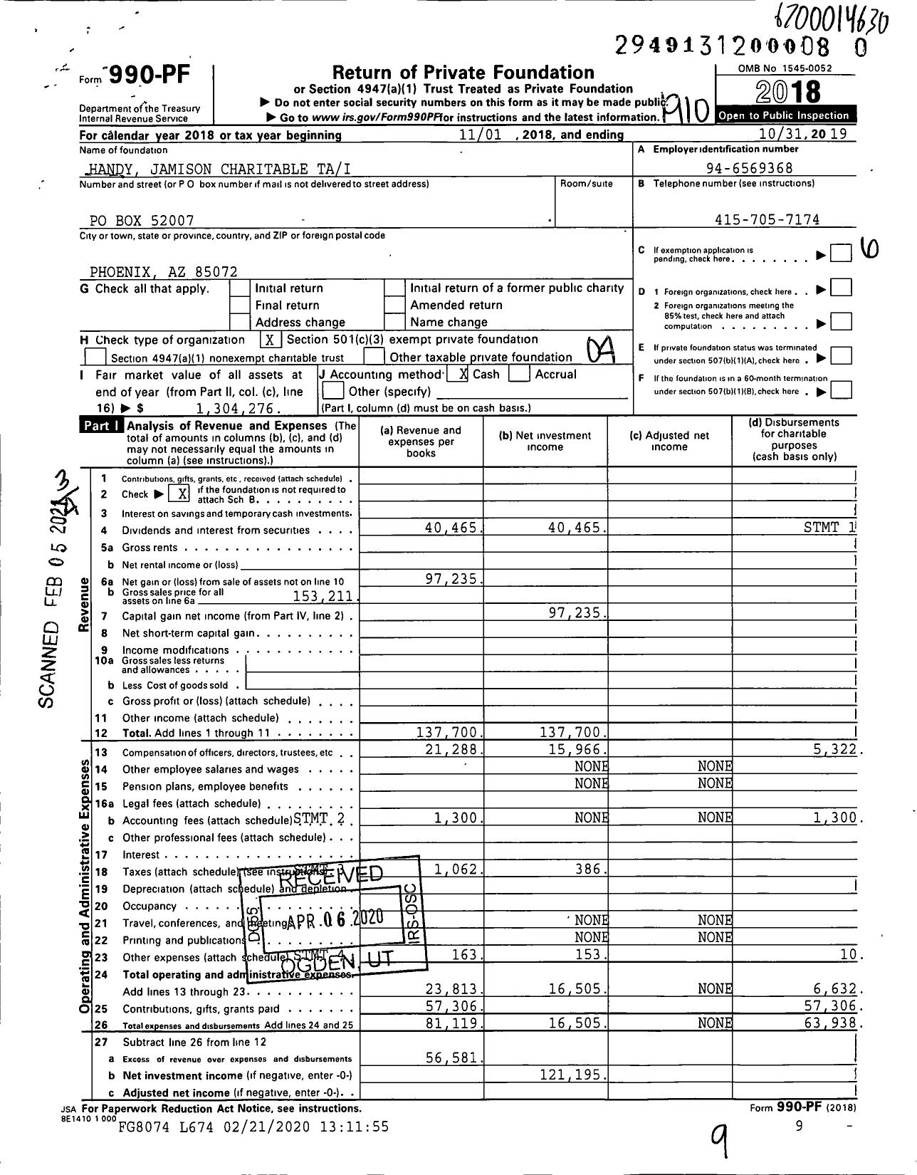 Image of first page of 2018 Form 990PF for Handy Jamison Charitable Tai
