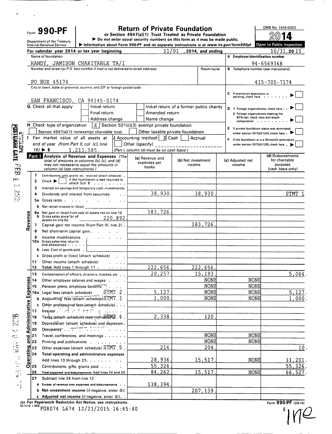 Image of first page of 2014 Form 990PF for Handy Jamison Charitable Tai