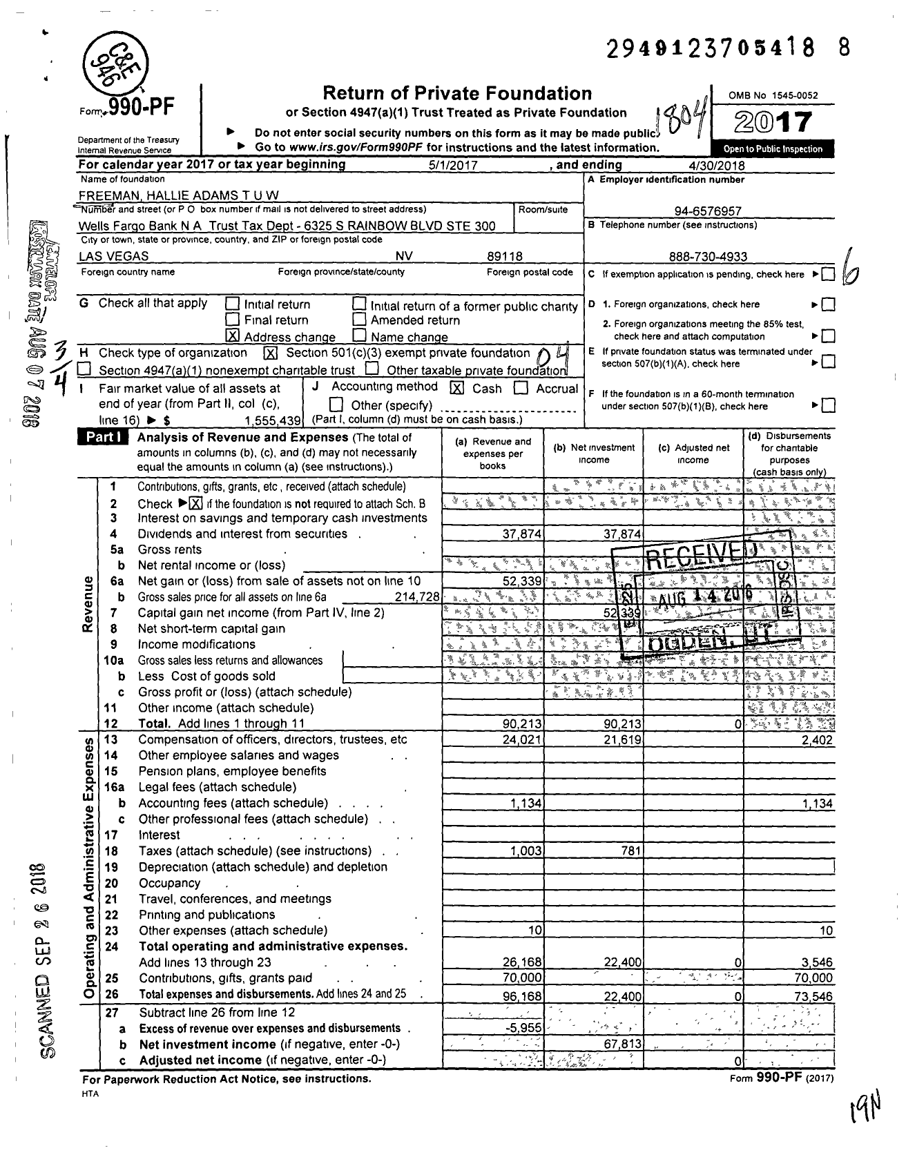 Image of first page of 2017 Form 990PF for Freeman Hallie Adams Tuw