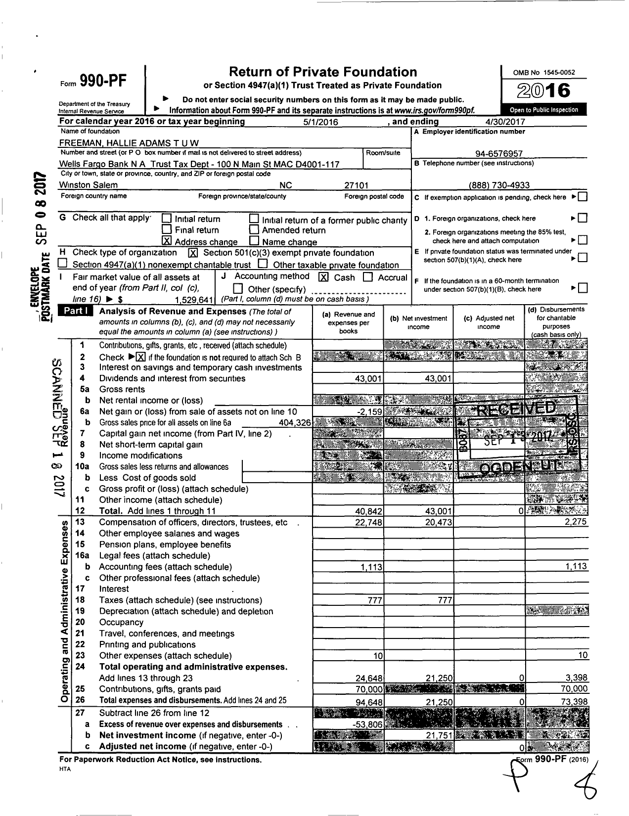 Image of first page of 2016 Form 990PF for Freeman Hallie Adams Tuw