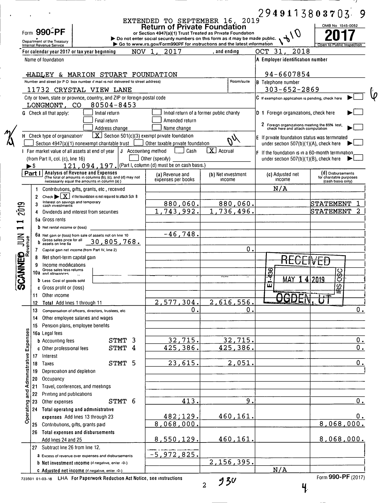 Image of first page of 2017 Form 990PF for Hadley and Marion Stuart Foundation