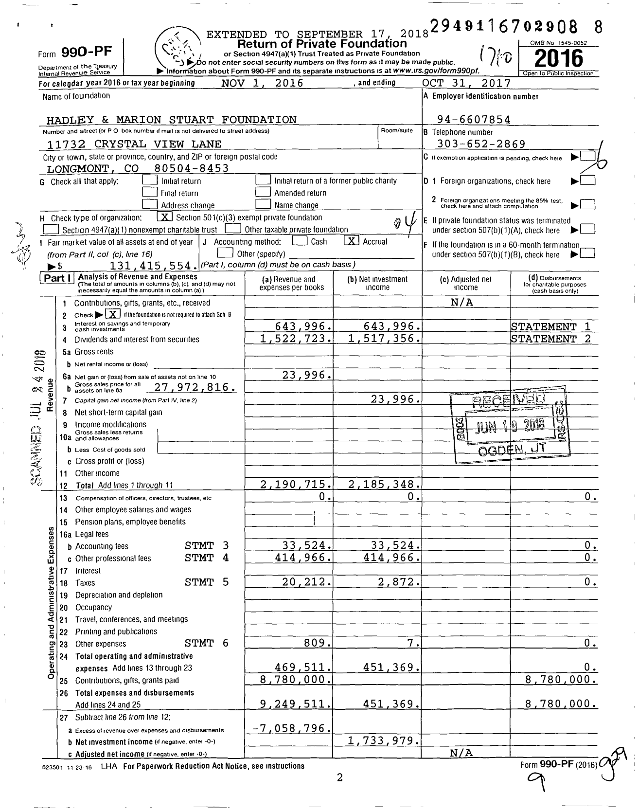Image of first page of 2016 Form 990PF for Hadley and Marion Stuart Foundation
