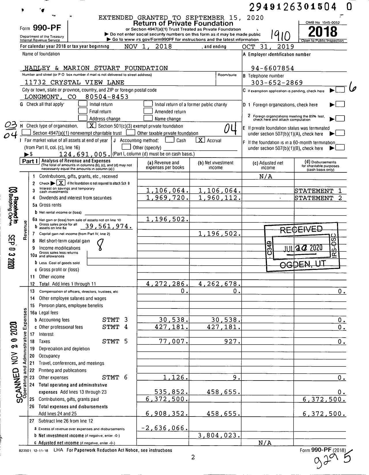 Image of first page of 2018 Form 990PF for Hadley and Marion Stuart Foundation