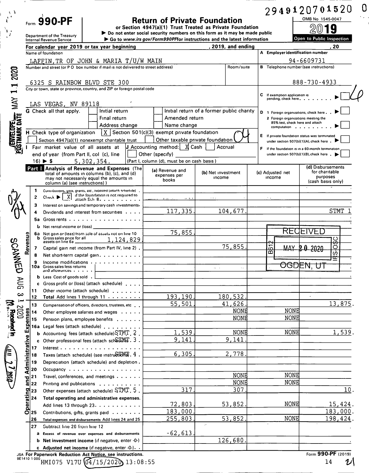 Image of first page of 2019 Form 990PR for Laffintr of John and Maria Tuw Main