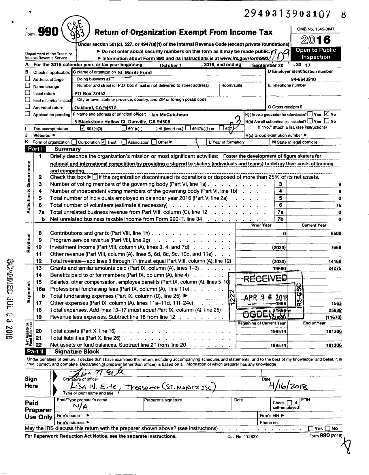 Image of first page of 2016 Form 990 for St Moritz Fund