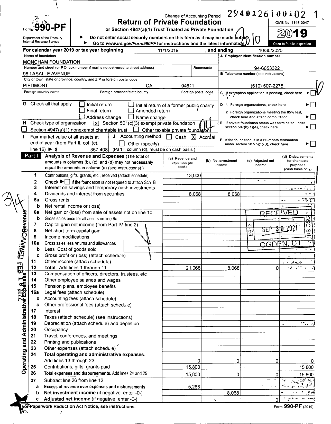 Image of first page of 2019 Form 990PF for Moncham Foundation