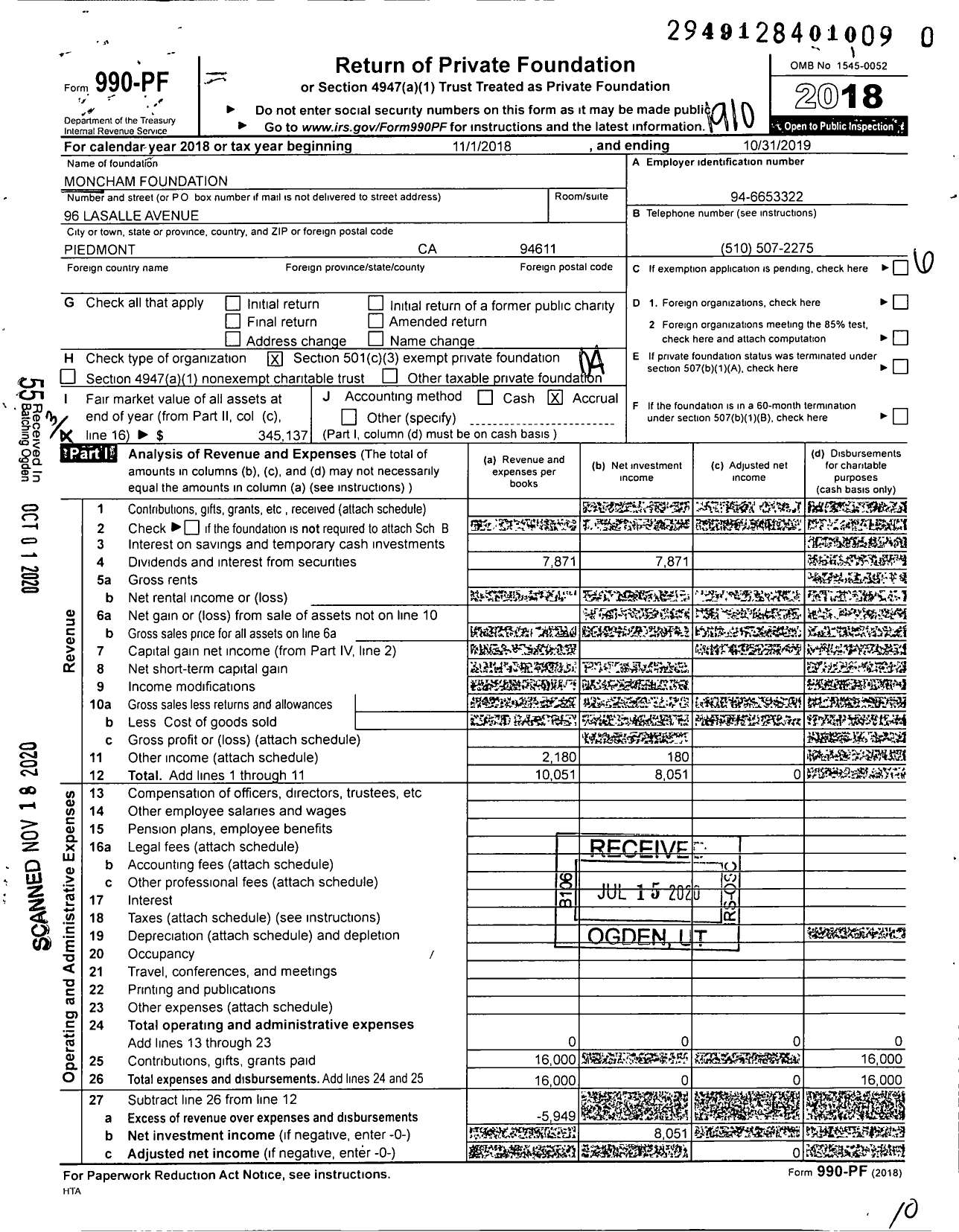 Image of first page of 2018 Form 990PF for Moncham Foundation