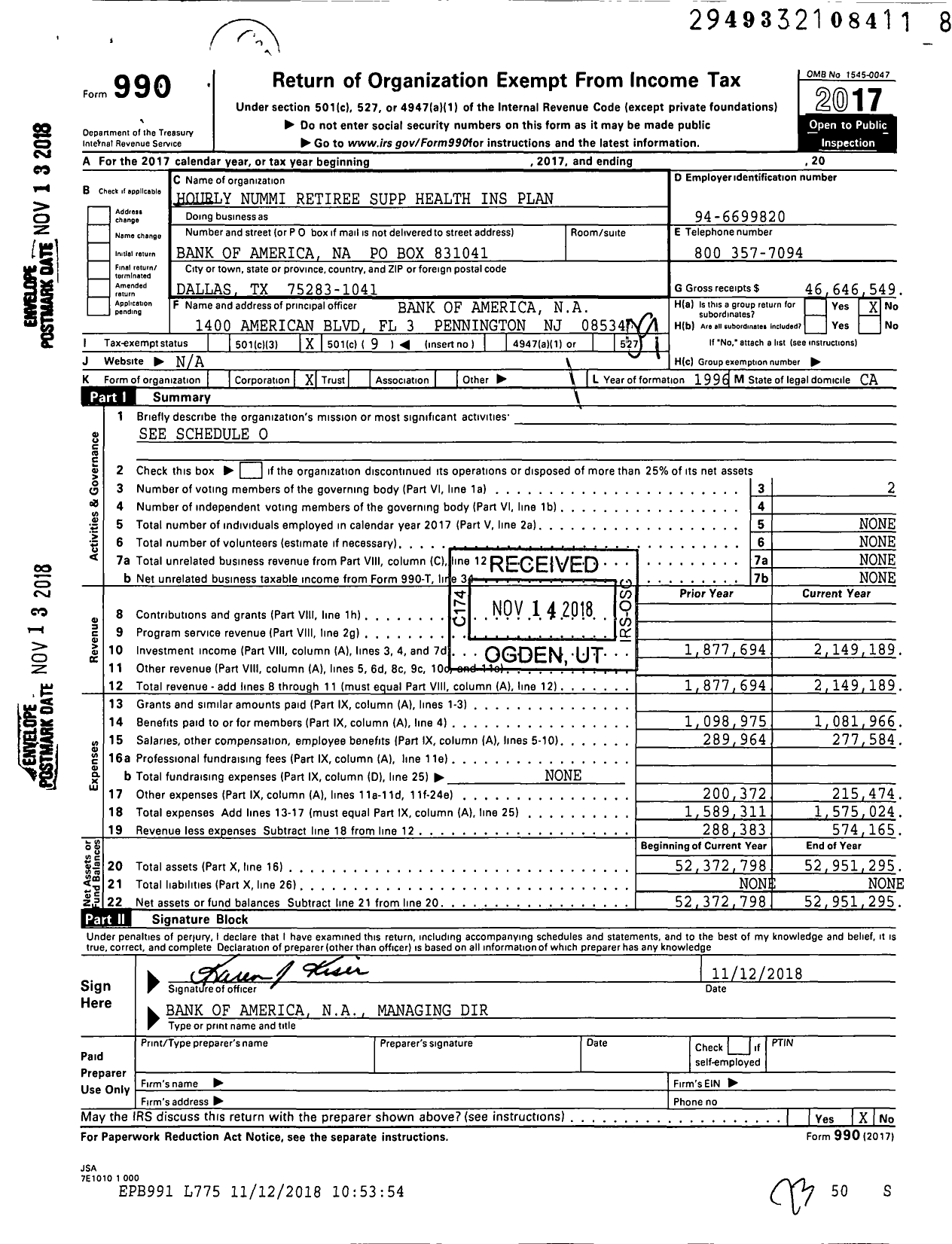 Image of first page of 2017 Form 990O for Hourly Nummi Retiree Supp Health Ins Plan