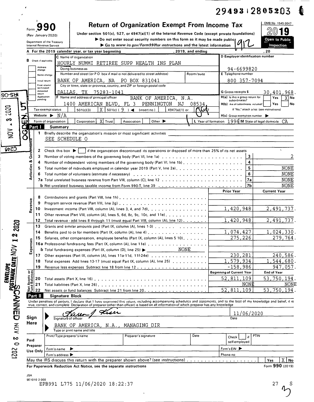 Image of first page of 2019 Form 990O for Hourly Nummi Retiree Supp Health Ins Plan